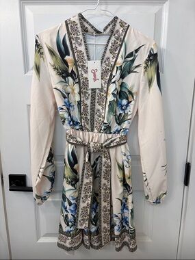 Sunday Floral V-Neck Mini Dress in Cream with Pink & Olive Accents